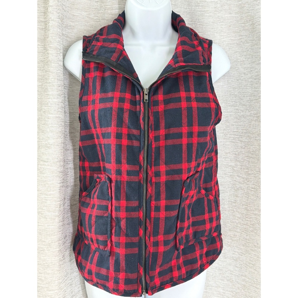 Staccato Womens Red Navy Blue Plaid Quilted Zip Front Vest Small 32001